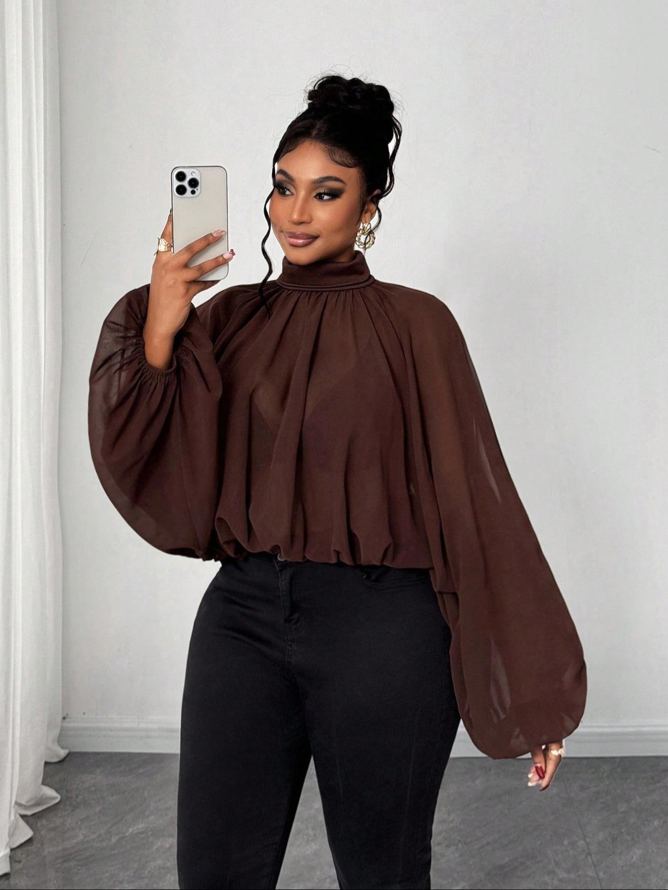 Women's Casual Fashion Top, Pure Color Stand Collar Lantern Sleeve Ruched Design, Spring & Fall Women's Clothing