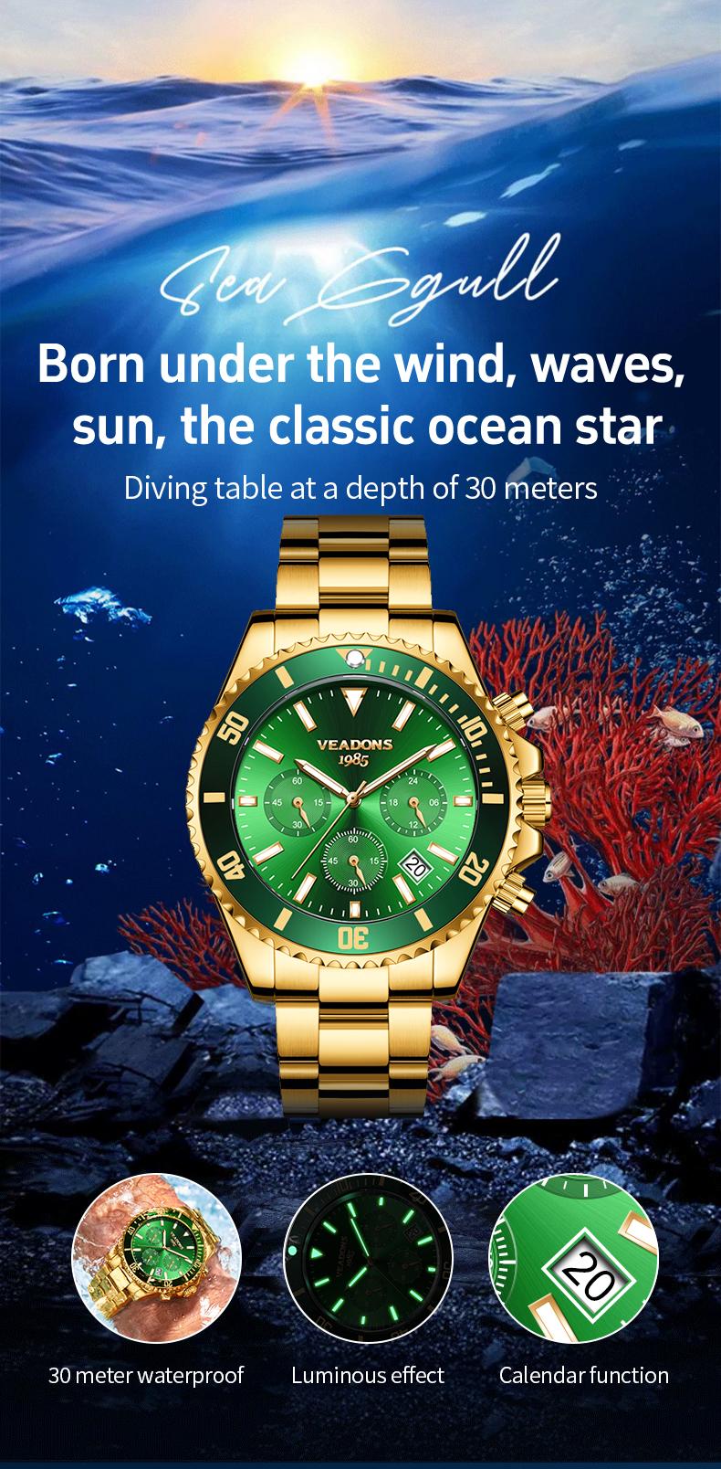 【TikTokShopStockUp】Veadons Men's Luxury Dress Watch, Green Dial, 40mm Stainless Steel Strap, Rotating Quartz Analog, Waterproof Luminous Large Dial Boss Wristwatch summer business