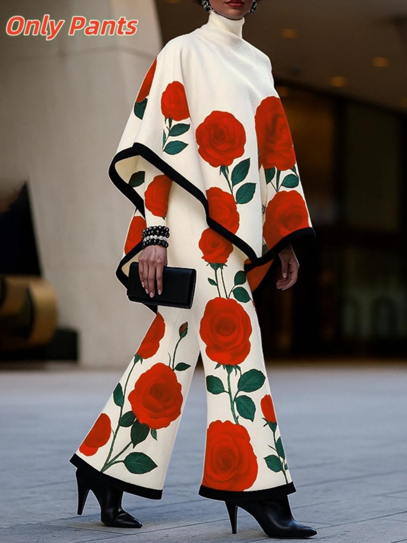 Women's Loose Wide Leg Floral Printed Casual Pants, Elegant Comfortable High Waist Lounge Wear, Perfect for Daily & Relaxing at Home