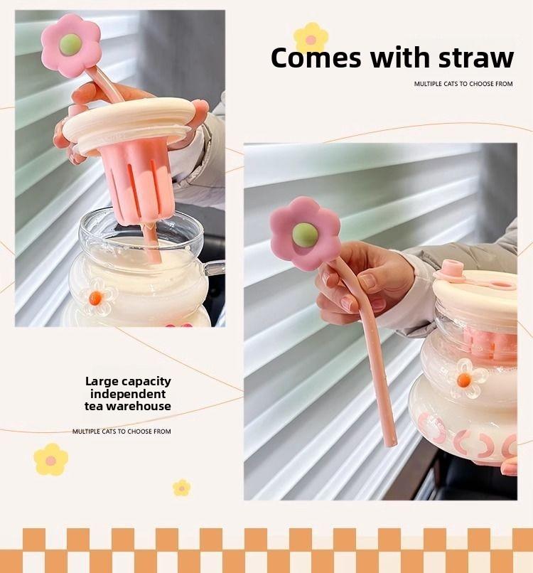 Cute Flower Glass Mug Cup with Flower Straw, Supports Straw Drinking and Direct Drinking, Meets Different Drinking Needs, Perfect for Everyday Use, Drinkware