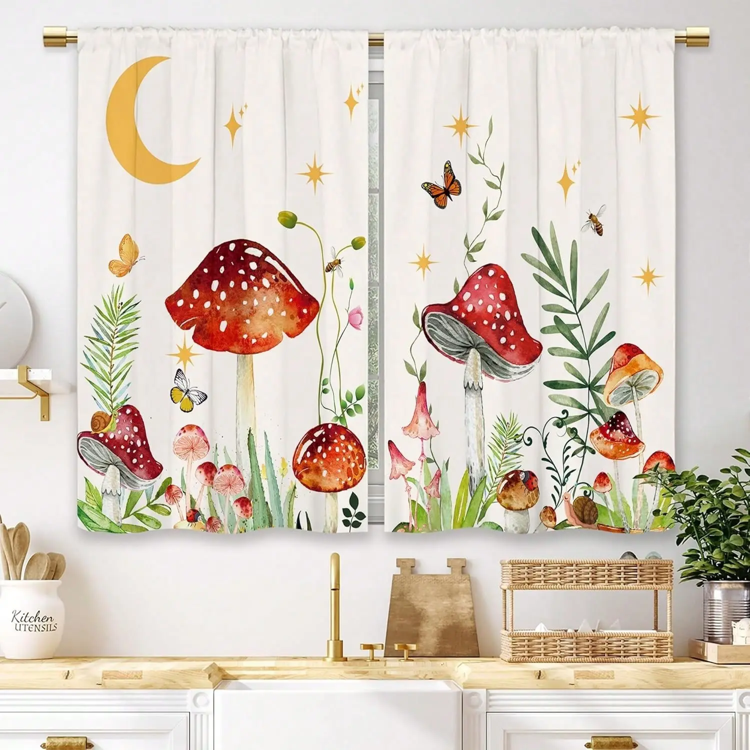 Boho Floral Moon Star Butterfly Mushroom Curtain Set, Light Filtering, Privacy Protection, Semi-Transparent Rod Pocket, Living Room Bedroom Kitchen Decor