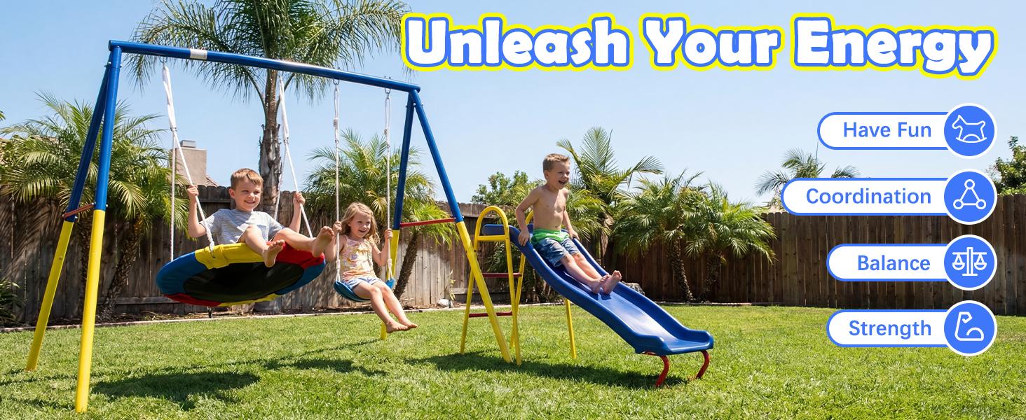 Heavy Duty Metal Unisex Kids+Adults Swinging Playground Equipment - 440lbs Capacity Stand, 32in Saucer, 26.2in Belt Seat, 53in Slide, Blue Dual Seats, Ultra-Safe Frame, Pre-Drilled Parts Easy Installation, Backyard Gift for Halloween, Christmas
