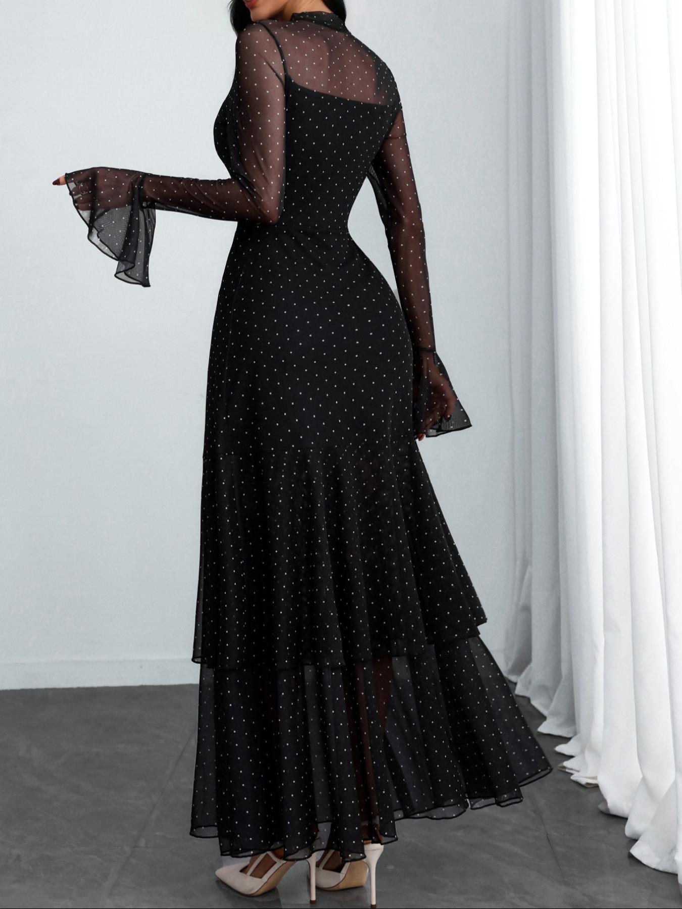 Women's Romantic Polka Dot Split Mesh Patchwork Layered Elegant Chic Flared Skirt Dress, Long Sleeve, Fitted Style, All Seasons, No Waistband Included