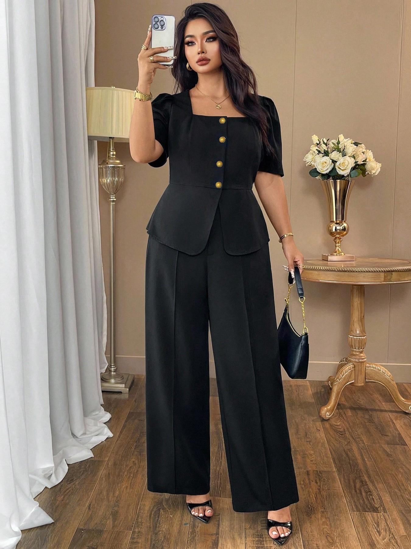 Women's Elegant Chic Minimalist Basic Blazer Set, Suits, Sleeveless Shirt & Ankle-Length Pants, Slim-Fit, All-Season, Business Casual, Perfect for Work & Leisure, Button