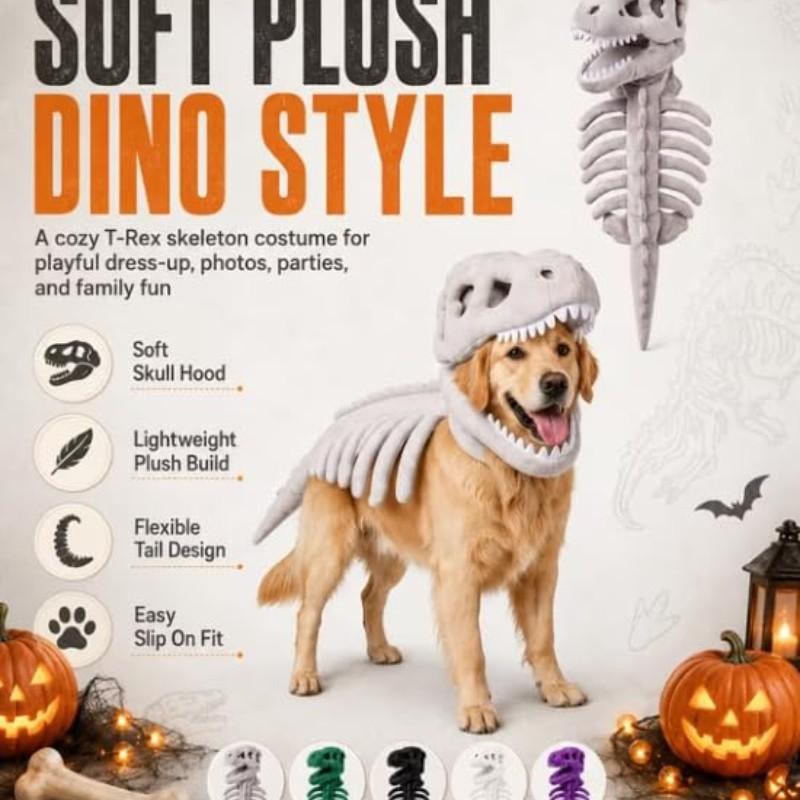 Pet Halloween Dog Costume with Dinosaur Skeleton, Realistic 3D Dinosaur Bone, Plush Pet Hat Costume, Large Dog Role Play Dress, Puppy Costume