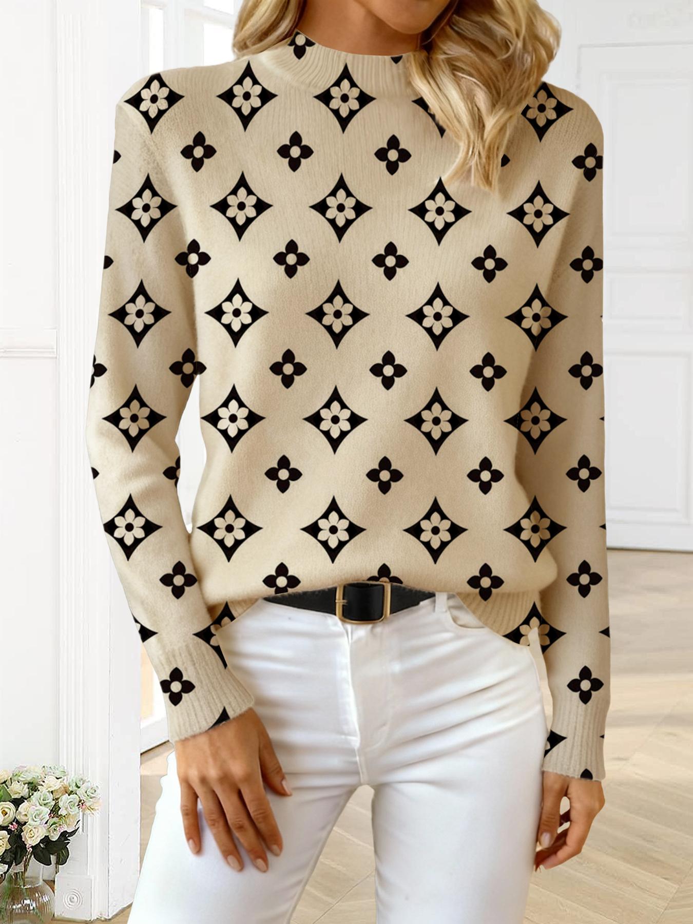 Women's Geometric Pattern Mock Neck Fitted Sweater, Fall Winter Casual Long Sleeve Knitwear, Comfortable Warm Daily Wear Tops