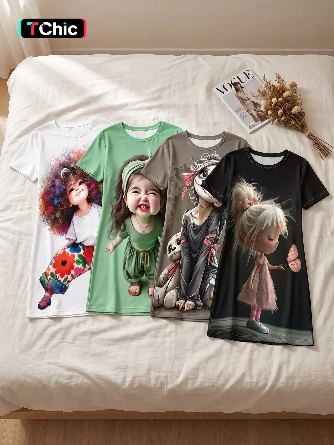 Women's 4 Pack Crew Neck Short Sleeve Sleep Dress, All Season Wear, Whimsical Four-theme Fairytale Print, Dreamy Quirky Style, Unique Home Sleep Dress