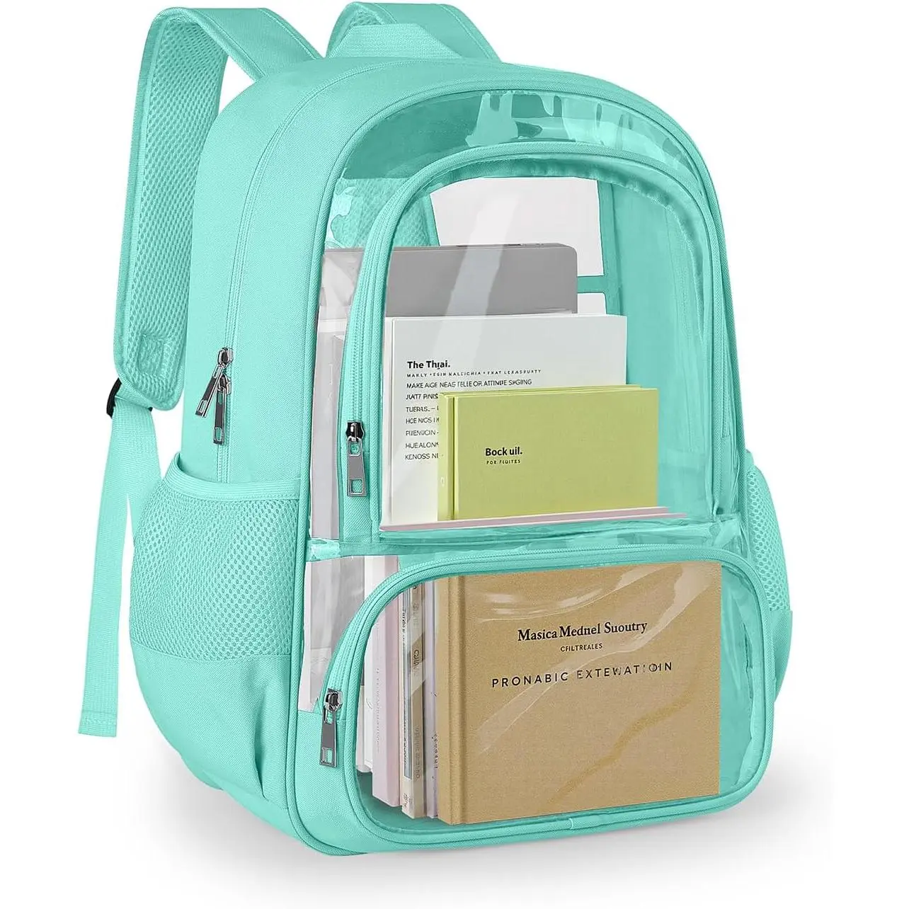 Clear Backpack, PVC & Fabric Transparent Reinforced Straps, Green | Large capacity unisex transparent backpack fits 15.6 inch laptop, multi pockets for school, airport  and daily travel