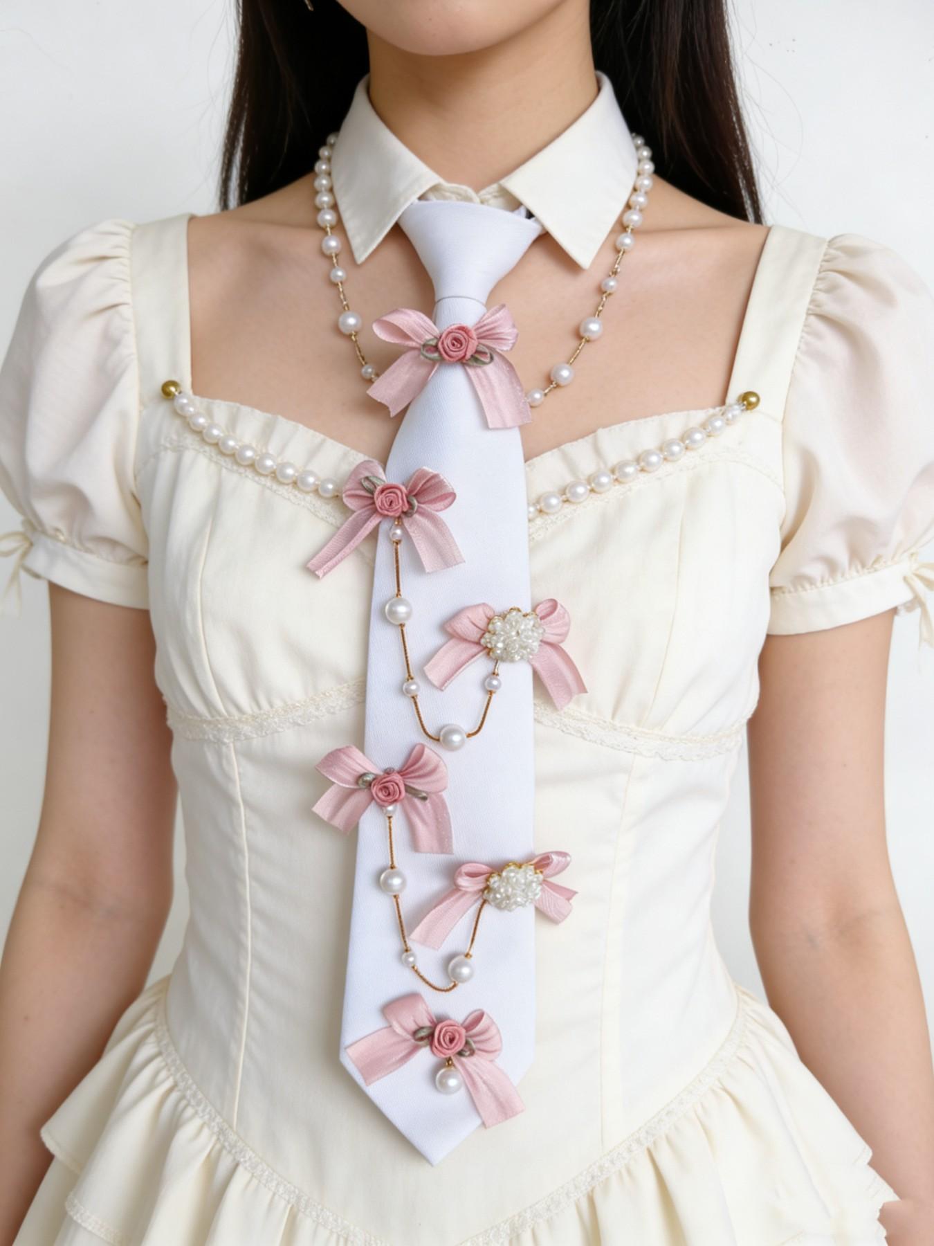 Handmade Lolita Pearl Rose Tie, Sweet Girl Butterfly Knot Decorative Tie, Jk Uniform Rose Pearl Tie Accessory, Dress Shirt Formal Wear