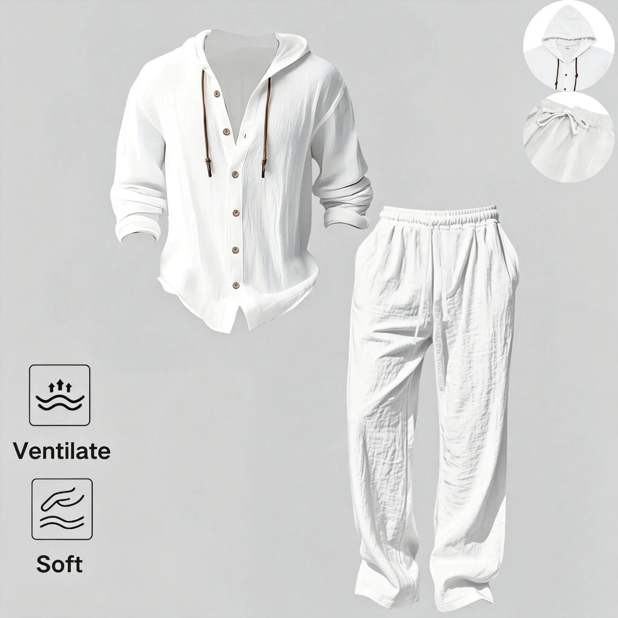 2-Piece Set Men's lightweight Trendy Hooded，Made From Soft Linen，Casual Vacation Style, Loose Fit Breathable Fabric,Long Hoodie & Wide-Leg Pants, Summer Wear outdoorfun Sweatshirt Clothes Fashion Trouser