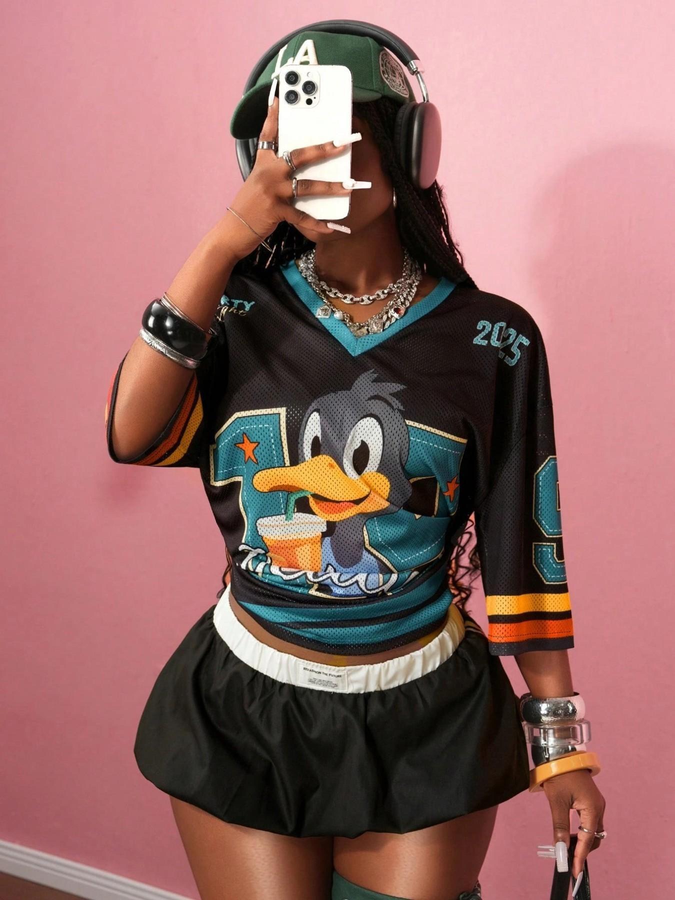 American Retro Cartoon Duck Print Mesh Eye Short Sleeve T-Shirt for Women, New Y2K Style, Loose-Fit Sport Top, All Seasons