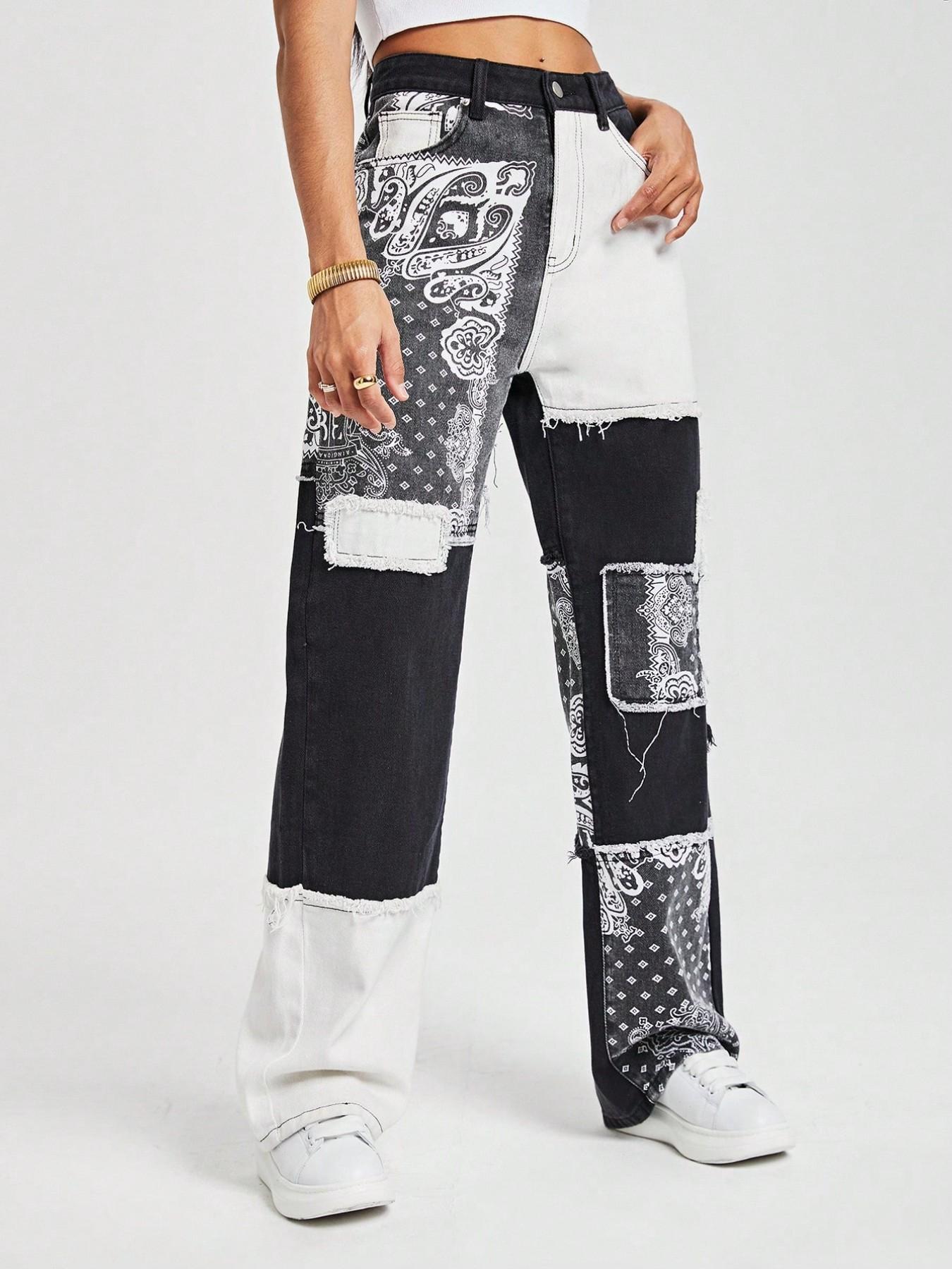 Plus Size American Vintage Paisley Patchwork Jeans, High Waist Slimming Wide Leg Pants, Women's Fashionable Denim Trousers