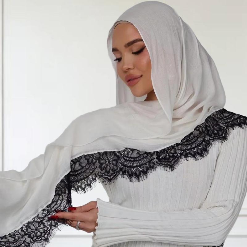 1-Piece Rayon Scarf with Lace Trim — Breathable Shawl, Head Wrap, and Hijab. Elegant Prayer Attire Accessory for Muslim Women (Middle Eastern, Western, and Arab Styles) — Suitable for Ramadan and Eid al-Adha.