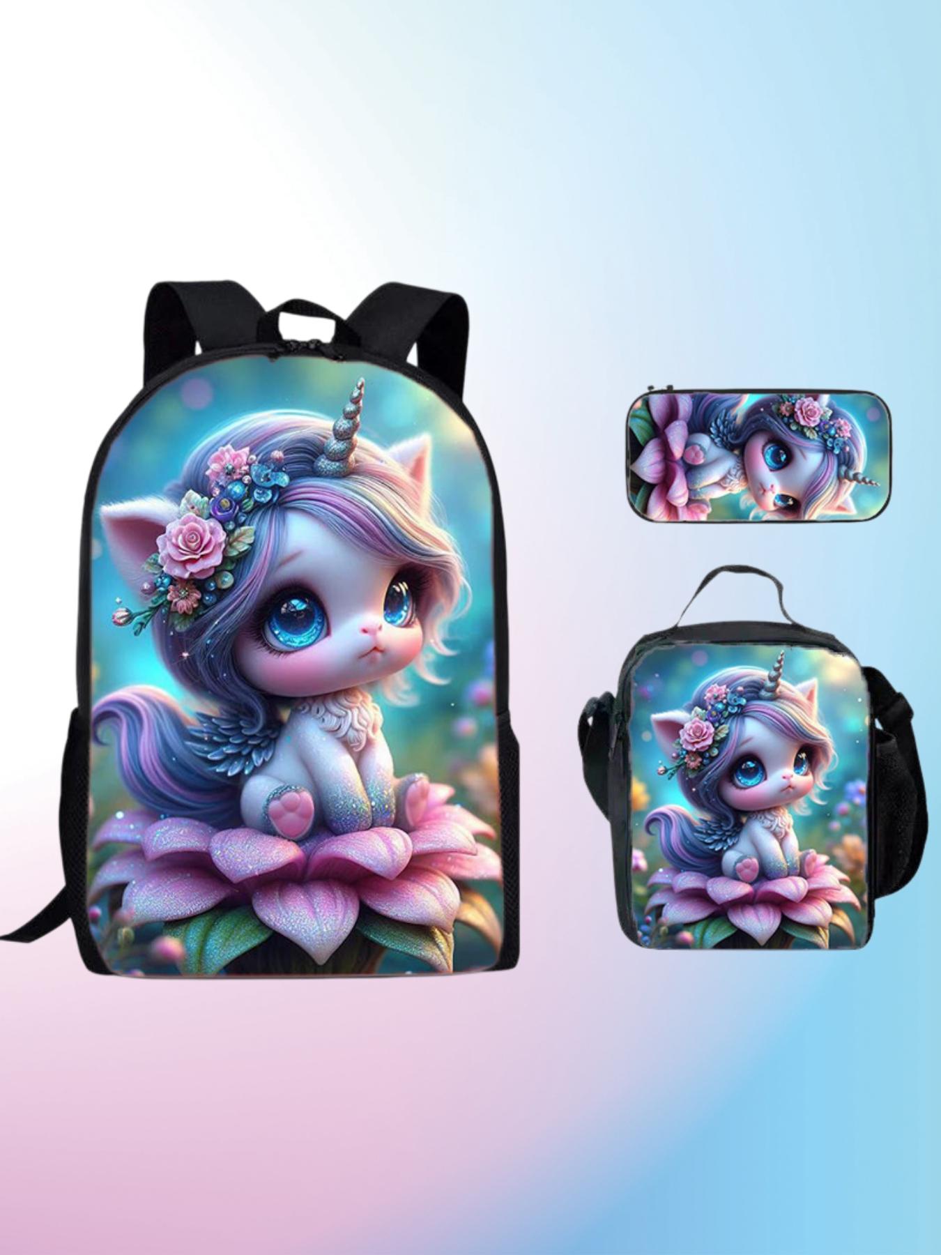 Unicorn Backpack Set for Girls, 3 Piece School Bag with Lunch Box and Pencil Case, Magical Princess Bookbag, Ideal Gift for Back to School