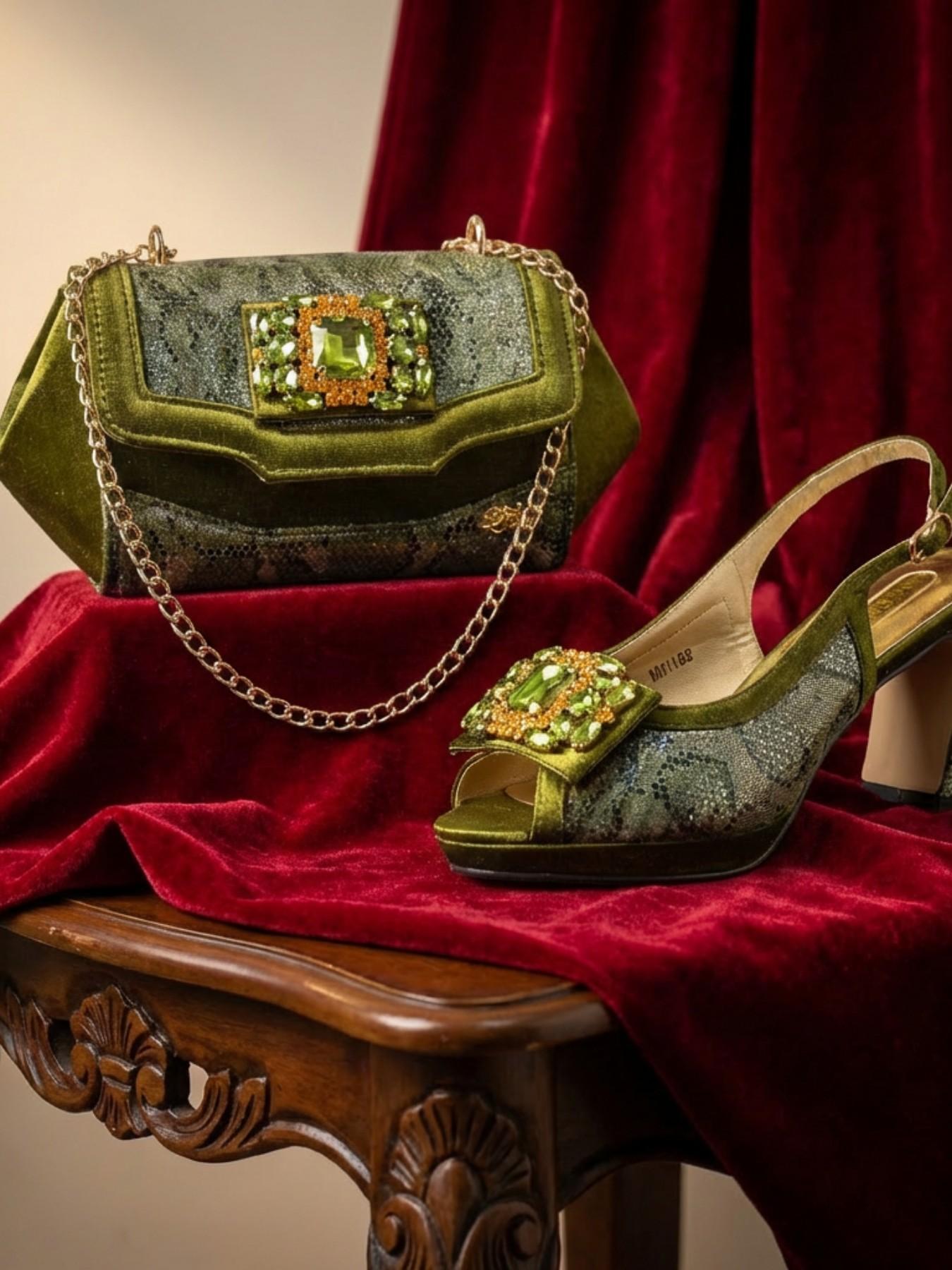 2026 New Designer Fashion Open-Toe High Heels, Elegant Party Olive Color Diamond Decorated Slip-On Shoes, Italian Shoe Bag Set