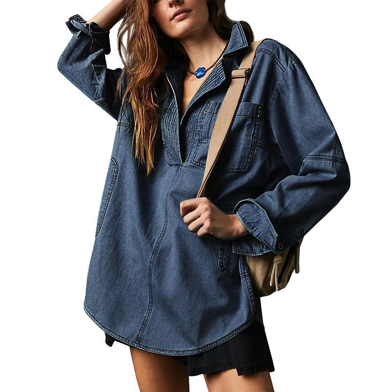 MIDIROSS Women's V-Neck Denim Pullover Shirt Womenswear Blouse Pocket Skirts Fit Top