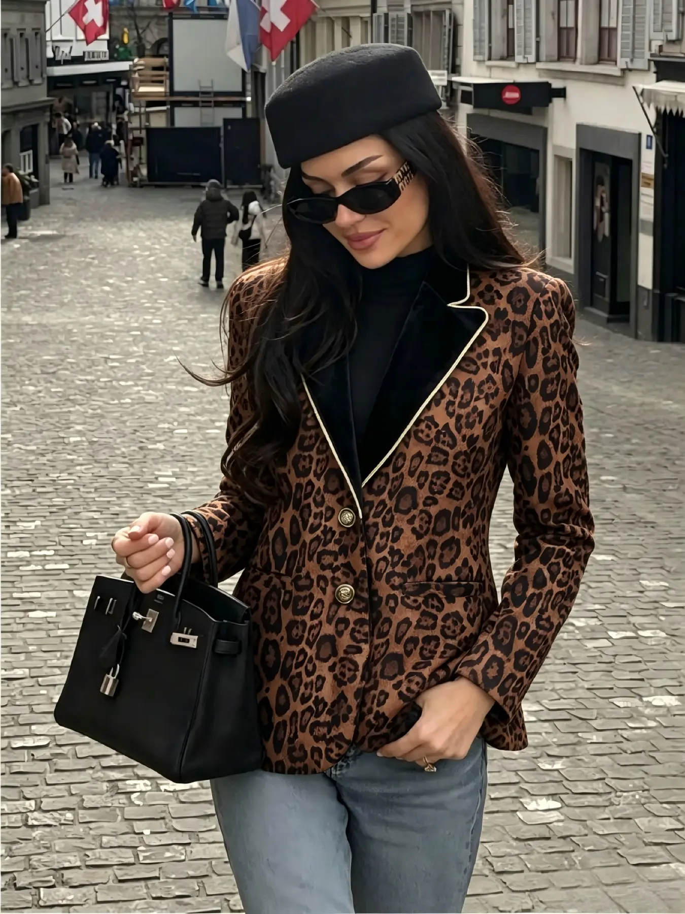 American Vintage Leopard Print Slim Fit Blazer for Women, Velvet Trim Colorblock Lapel Metal Button Waistcoat, Office Chic Elegant Lightweight Suit Top