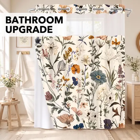 1Pc Vintage Boho Hookless Double Layer Floral Shower Curtain, Floral Shower Curtains for Bathroom, Wildflower Print, Removable Waterproof Anti-Mildew White Liner, Sheer Top, Machine Washable for Home & Hotel, 71×74in