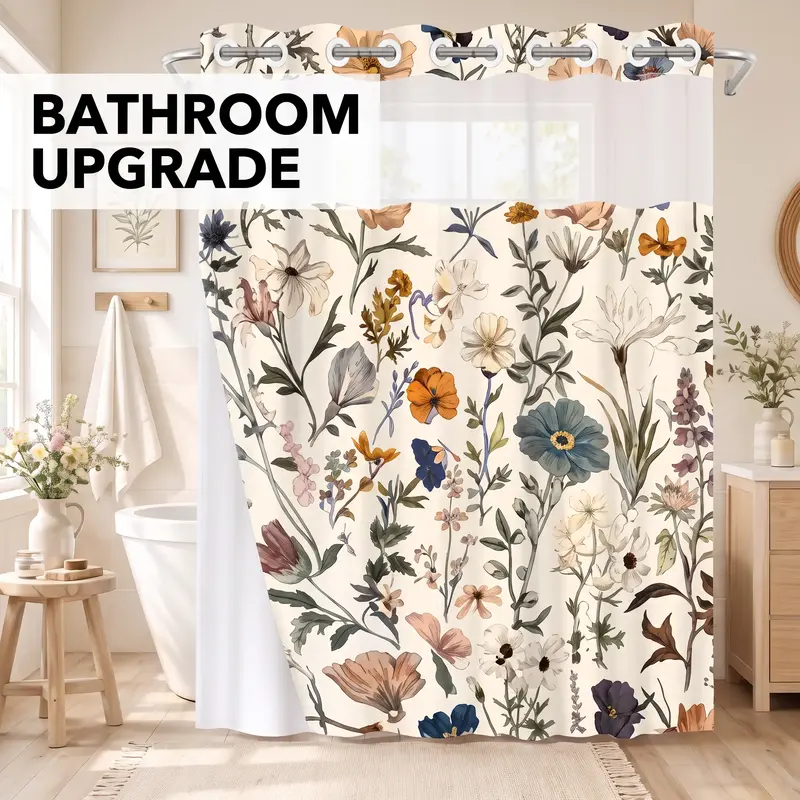 1Pc Vintage Boho Hookless Double Layer Floral Shower Curtain, Floral Shower Curtains for Bathroom, Wildflower Print, Removable Waterproof Anti-Mildew White Liner, Sheer Top, Machine Washable for Home & Hotel, 71×74in