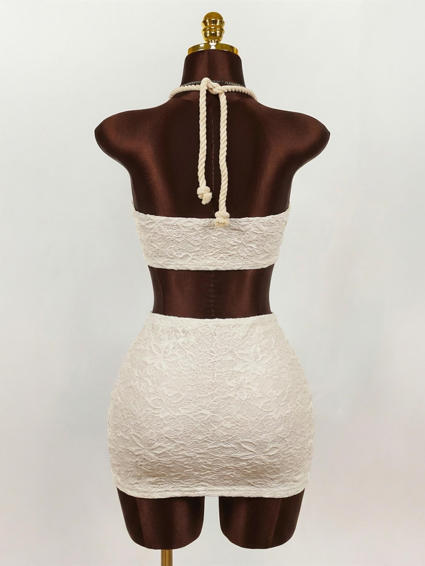 Women's Fashion Sexy Linen Halter Top and Skirt Set Outfit, Shell Trim Lace Up Neckline, Elegant Summer, Casual Wear, Womenswear