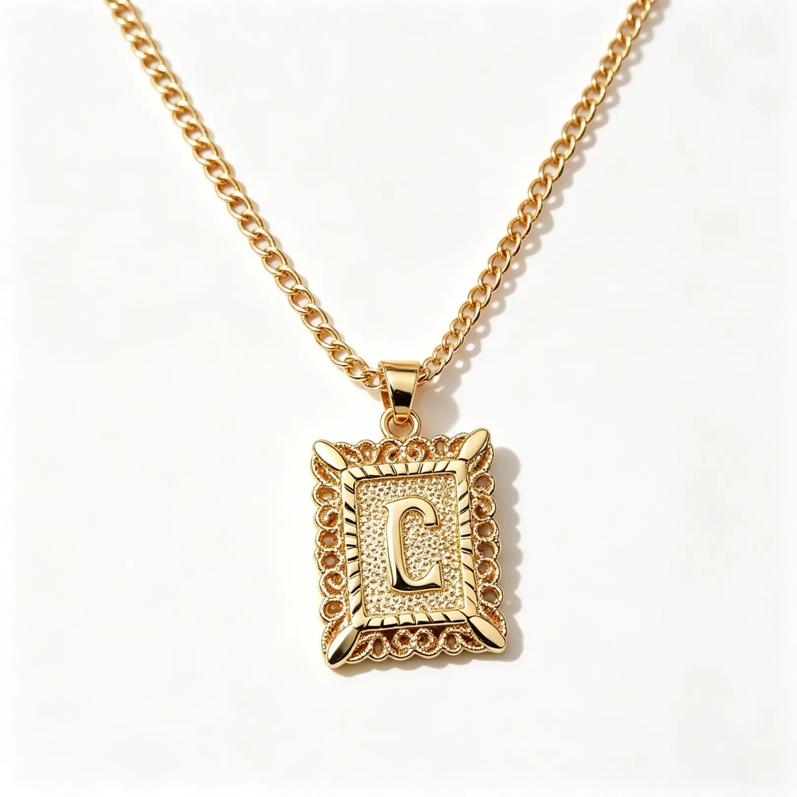 Square Lace Initial Pendant Necklace For Men And Women, A‑Z Capital Monogram Necklace With Figaro Chain, Hypoallergenic Chunky Statement Jewelry, Ideal For Daily Wear, Couple Matching And Gifting Occasions