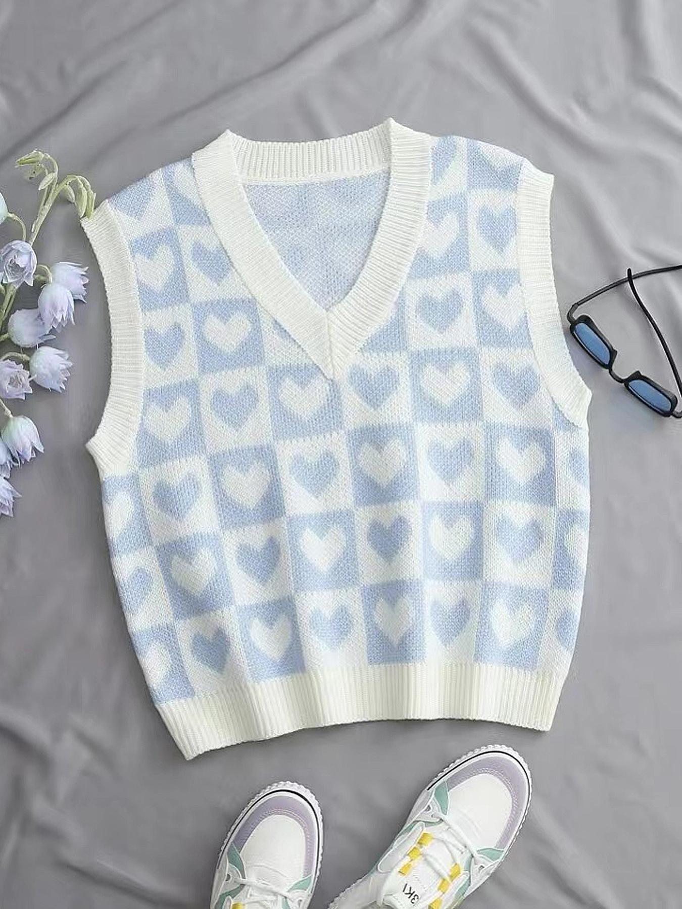 Women's Heart & Plaid Print V Neck Sweater Vest, Casual Sleeveless Knit Top for Daily Wear, Ladies Knitwear for All Seasons, Casual Comfy Vests