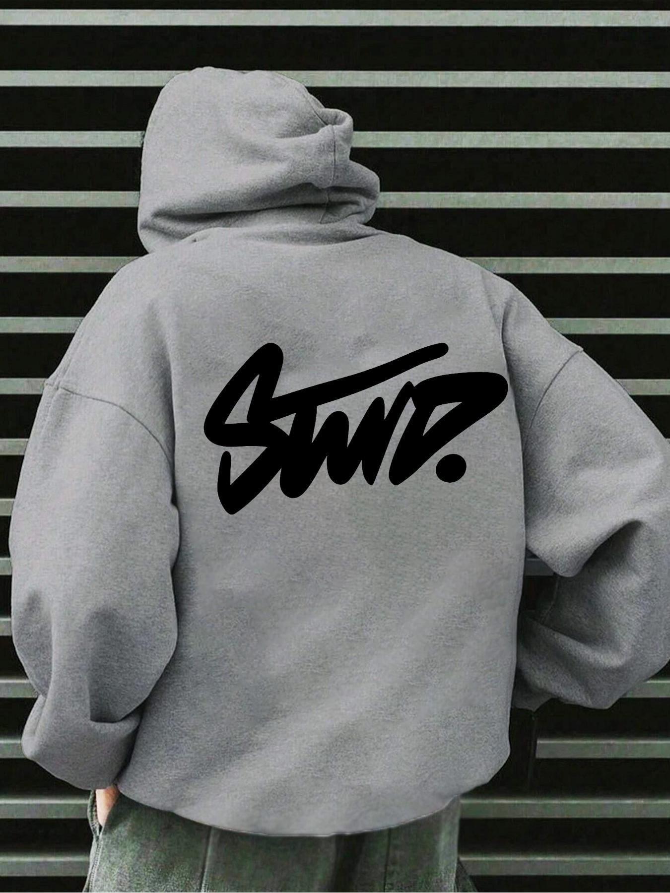 Men's Motivational Hooded Sweatshirt, Swd Art Letter Print, Streetwear Hip-Hop Loose Pullover, Casual Trendy Long Sleeve Top