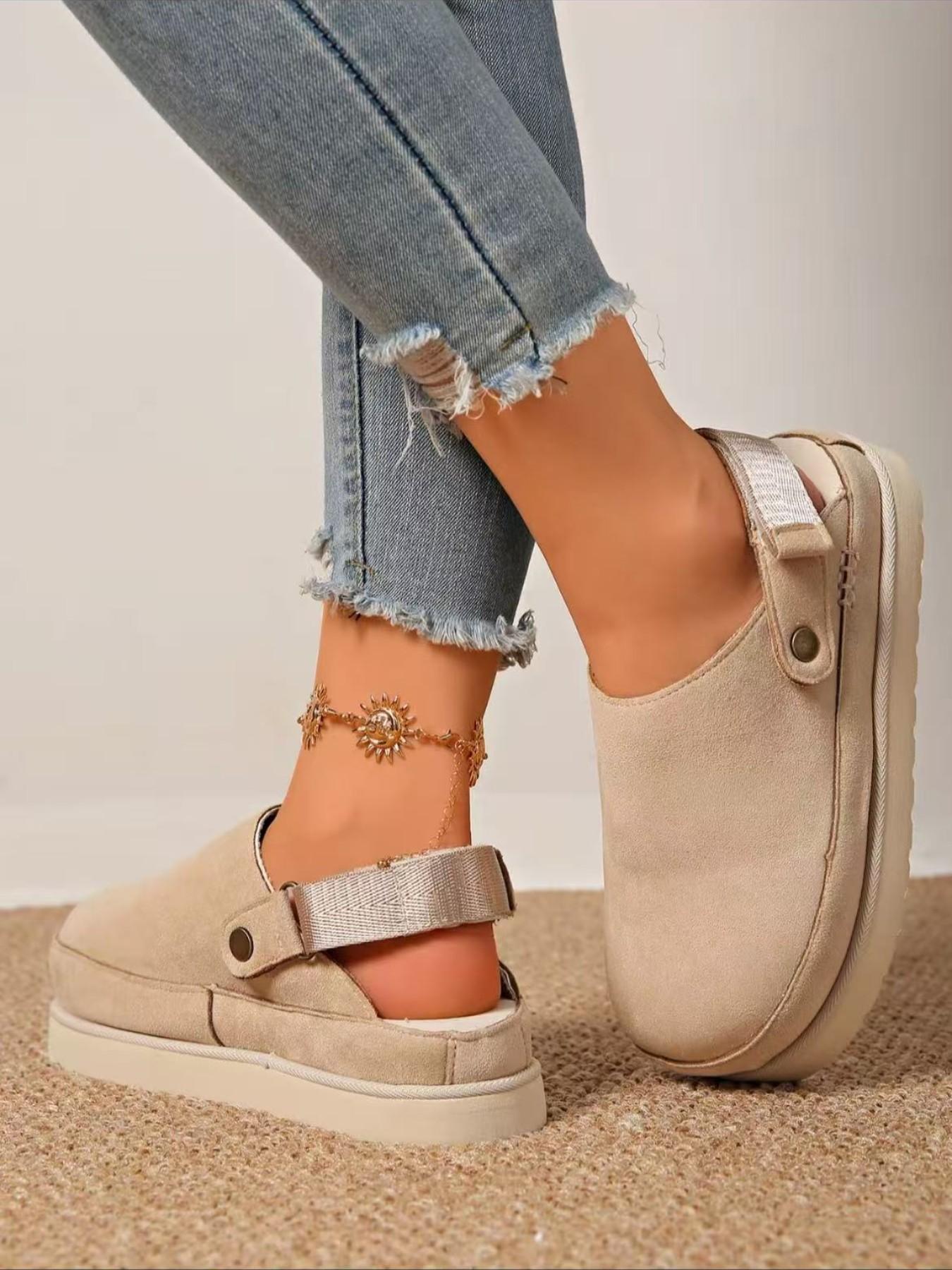 Women's Platform Mules Clogs, Closed Toe Backless Slippers, Adjustable Strap, Casual Suede Slip on Loafers for Walking, Shopping, Travel