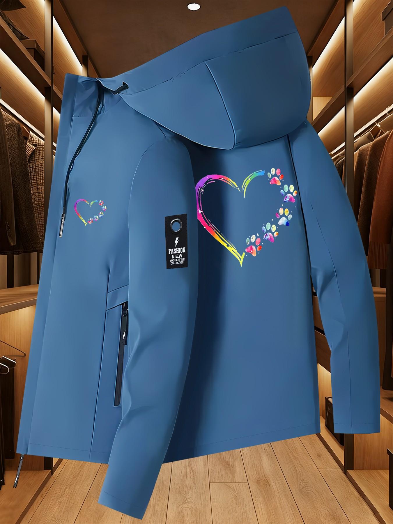 Rainbow Paw Print Heart Jacket, Pet Style Hooded Jacket, Watercolor Heart Paw Print Top, Casual Long Sleeve Windbreaker for All Seasons