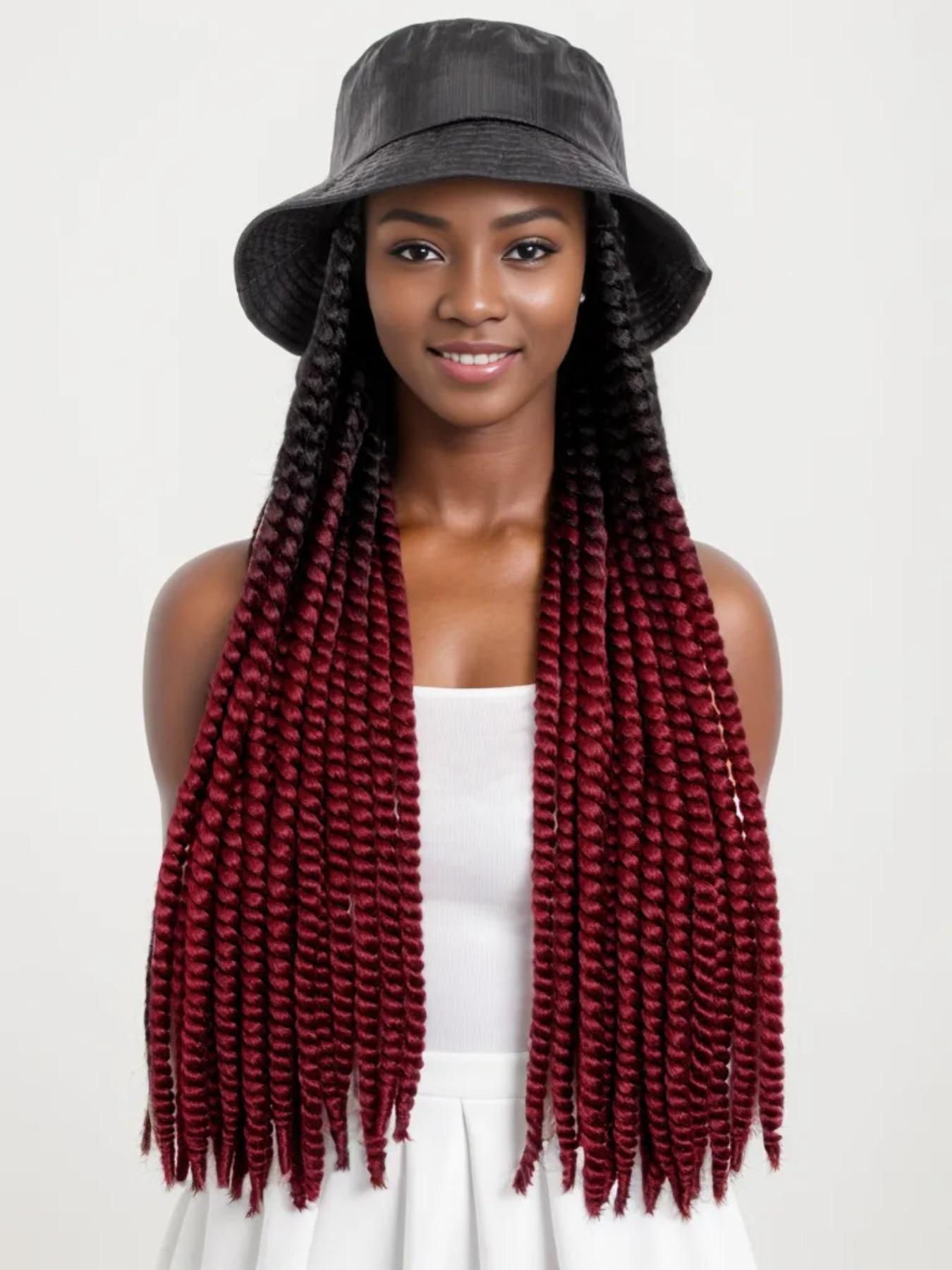 Long Ombre Black Burgundy Synthetic Havana Mambo Twist Braided Hair Extensions Cap Wig Spring Braiding With Bucket Hat