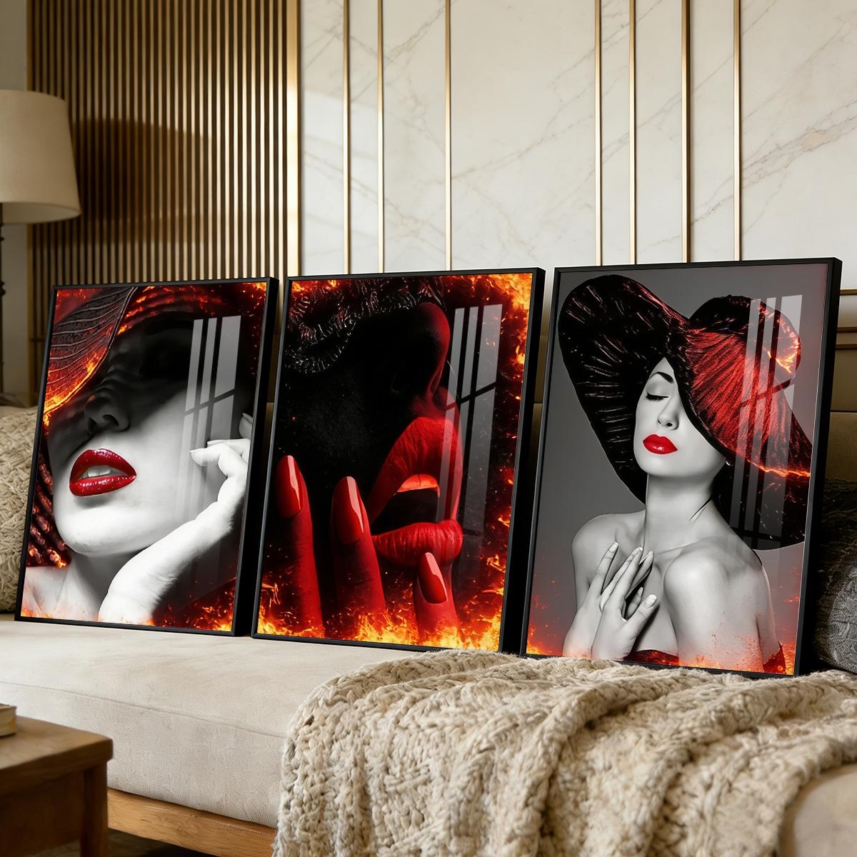 3 Counts Aluminum Alloy Framed Painting, Abstract Red Lips And Black Hat Lady Pictures, Home Decoration For Living Room, Bedroom, Office, Restaurant, Hallway Wall Decor, Odorless Print Artwork, Luxury Perfect Gift For Friends And Family