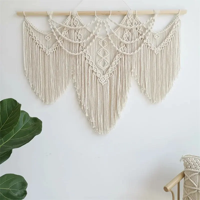 Handmade Woven Macrame Wall Hanging with Wooden Stick - Large Boho Tassel Curtain, Home Decor Products, Hallway & Bedroom Wall Accents, Room Decoration Items, Wedding Backdrop