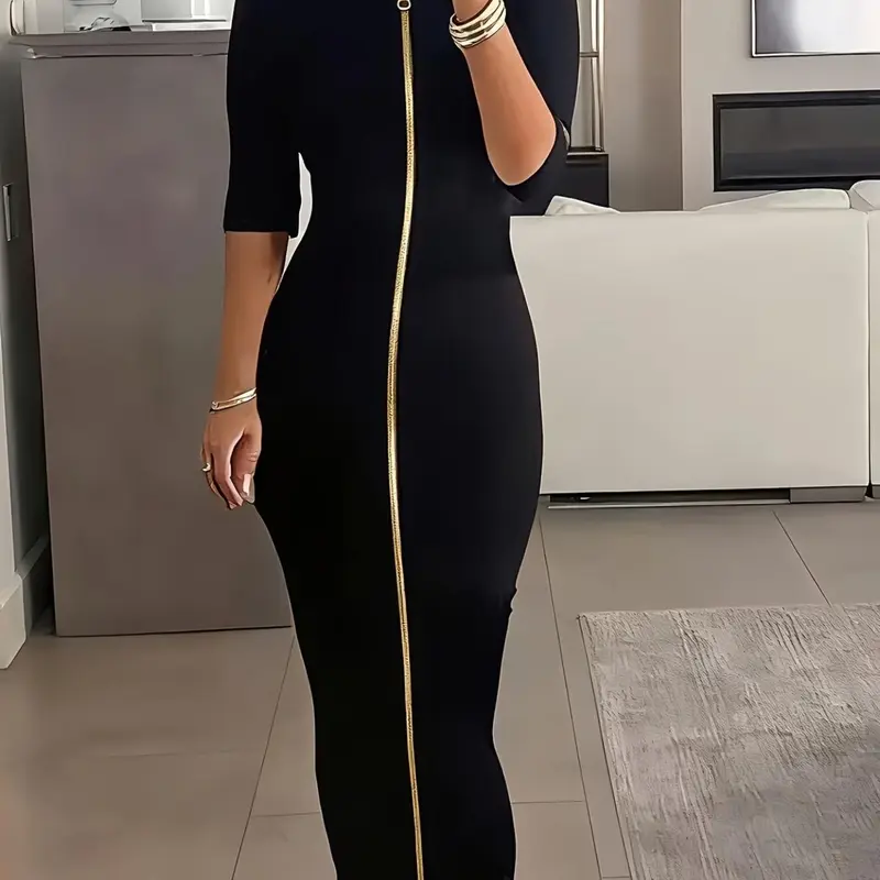 Women's Solid Color Half-Sleeve Dress, Zippered Slim-Fit Design for Spring, Summer & Fall, Elegant Evening Party Dress for Formal Wear, Elegant Fashion Dress