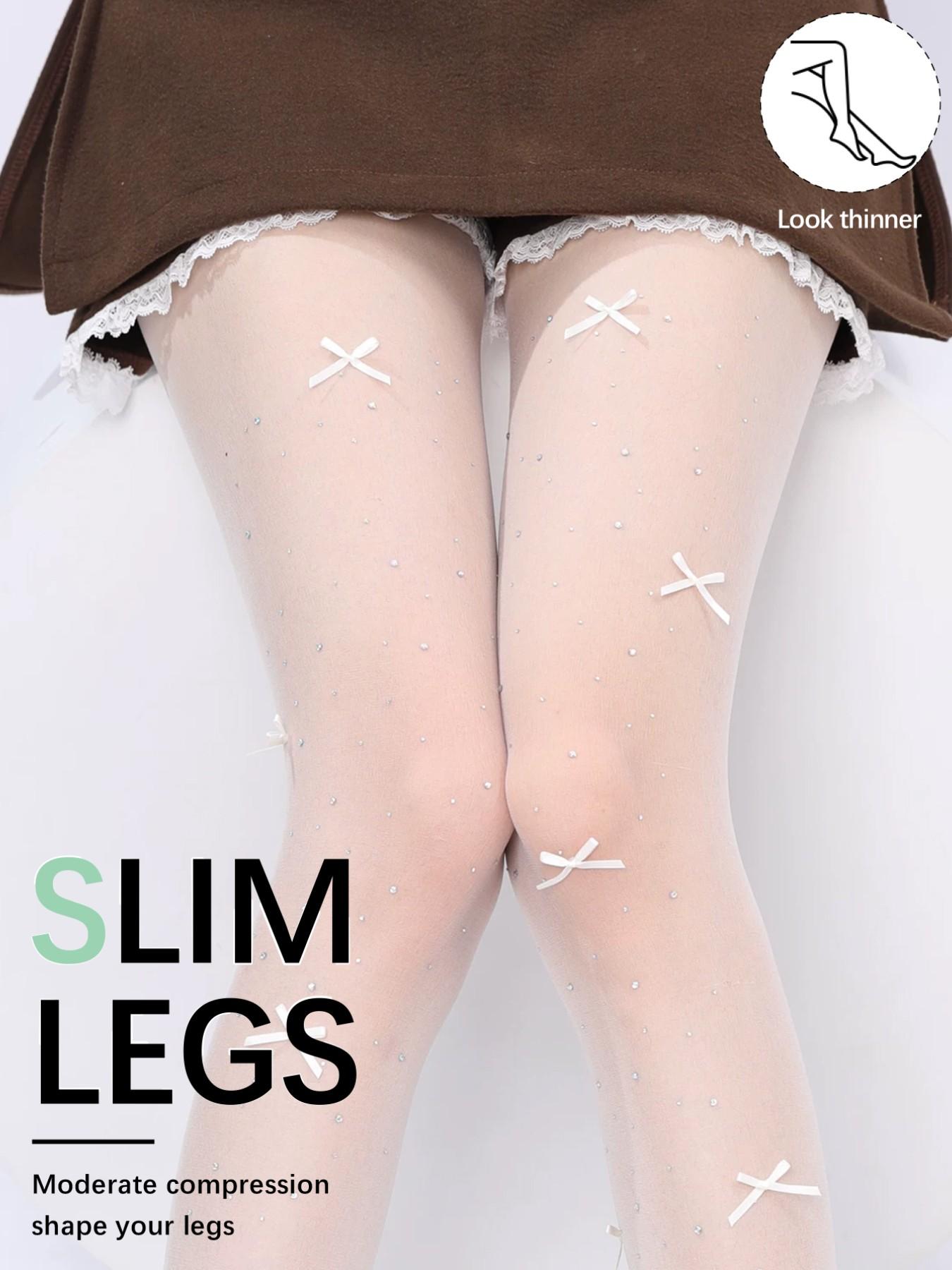 Lolita Women's Thin Bow Rhinestone Stockings, Spring Summer Anti-Snag Beautiful Leg Socks, Elegant Fitted Plain Pattern