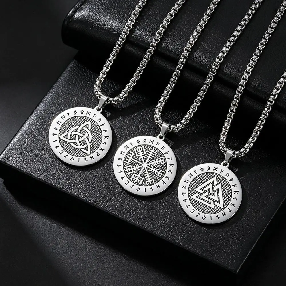 Nordic Rune Necklace for Men Triquetra Trinity Knot Valknut Vegvisir Compass Amulet Stainless Steel Nordic Talisman Jewelry Gift