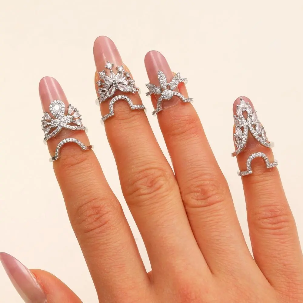No Glue Removable Zircon Finger Nail Cap Rings, Reusable Wearable Fake Nail Jewelry, INS Trend Decorative Nail Guard for Women18.6g