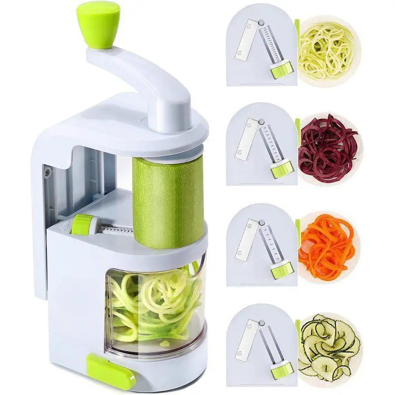 4-Blade Vegetable Spiralizer with Strong Suction Base, 16.9 fl oz Bin and Recipe Booklet, Green and White Zoodle Maker for Veggie Pasta and Salad