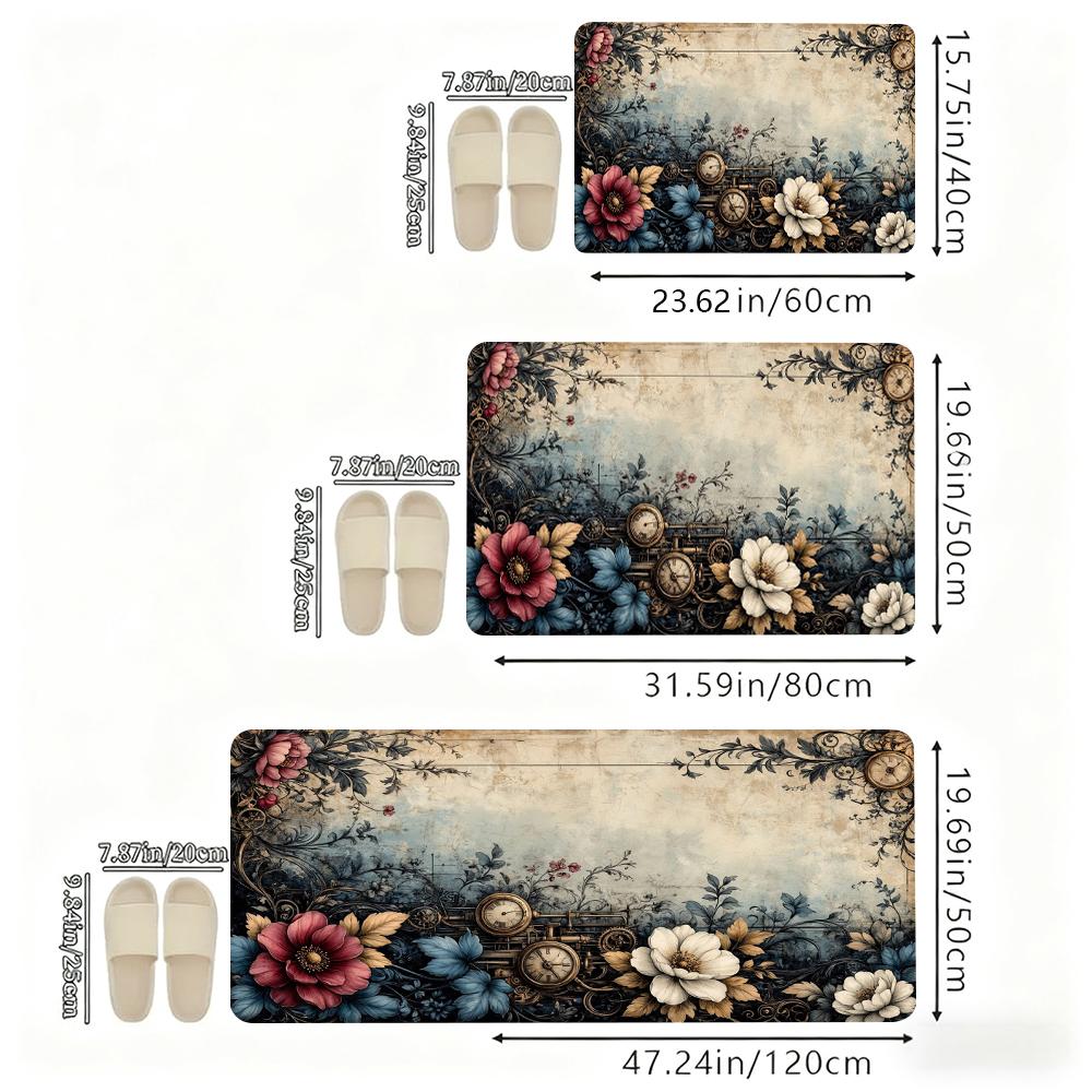 Vintage Steampunk Floral Kitchen Rug Set, Retro Victorian Flower Clock Non-Slip Washable Floor Mats, Aesthetic Botanical Runner Rugs for Kitchen, Living Room & Home Decor