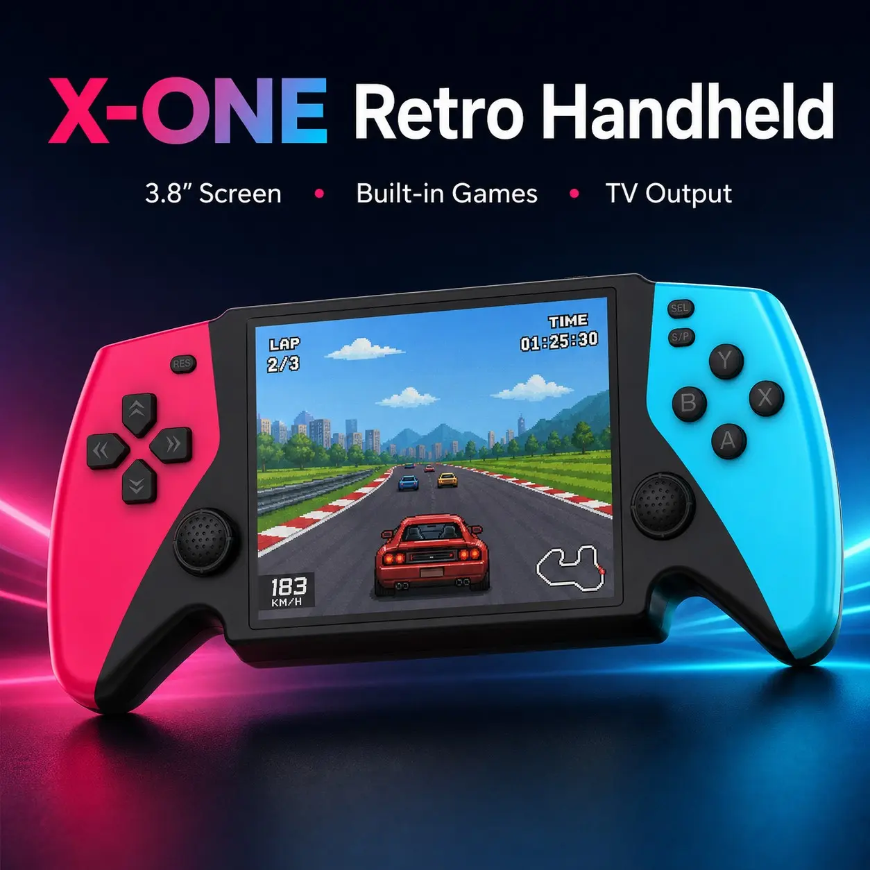 X-One Retro Handheld Game Console, 360° Joystick, AV TV Output, 3.8'' Screen, TF Card Slot, Lightweight, Perfect Gift for Kids & Adults