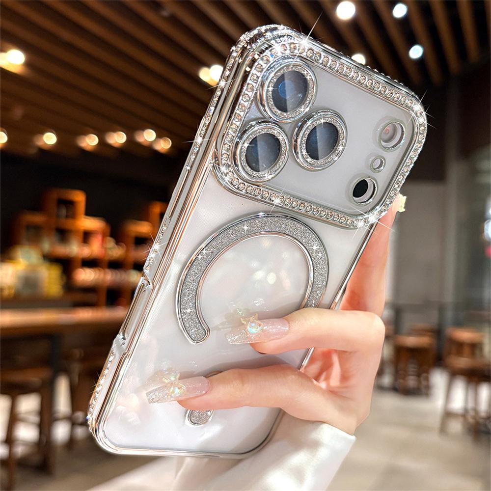 OREKROY【Free.ship】Magnetic Clear Glitter Case for iPhone 17 Pro Max 17Air 17Pro 17, Compatible with MagSafe – Sparkly Bling Diamond Rhinestone Design with Camera Lens Protector, Fits iPhone 13 14 15 16 Pro Max