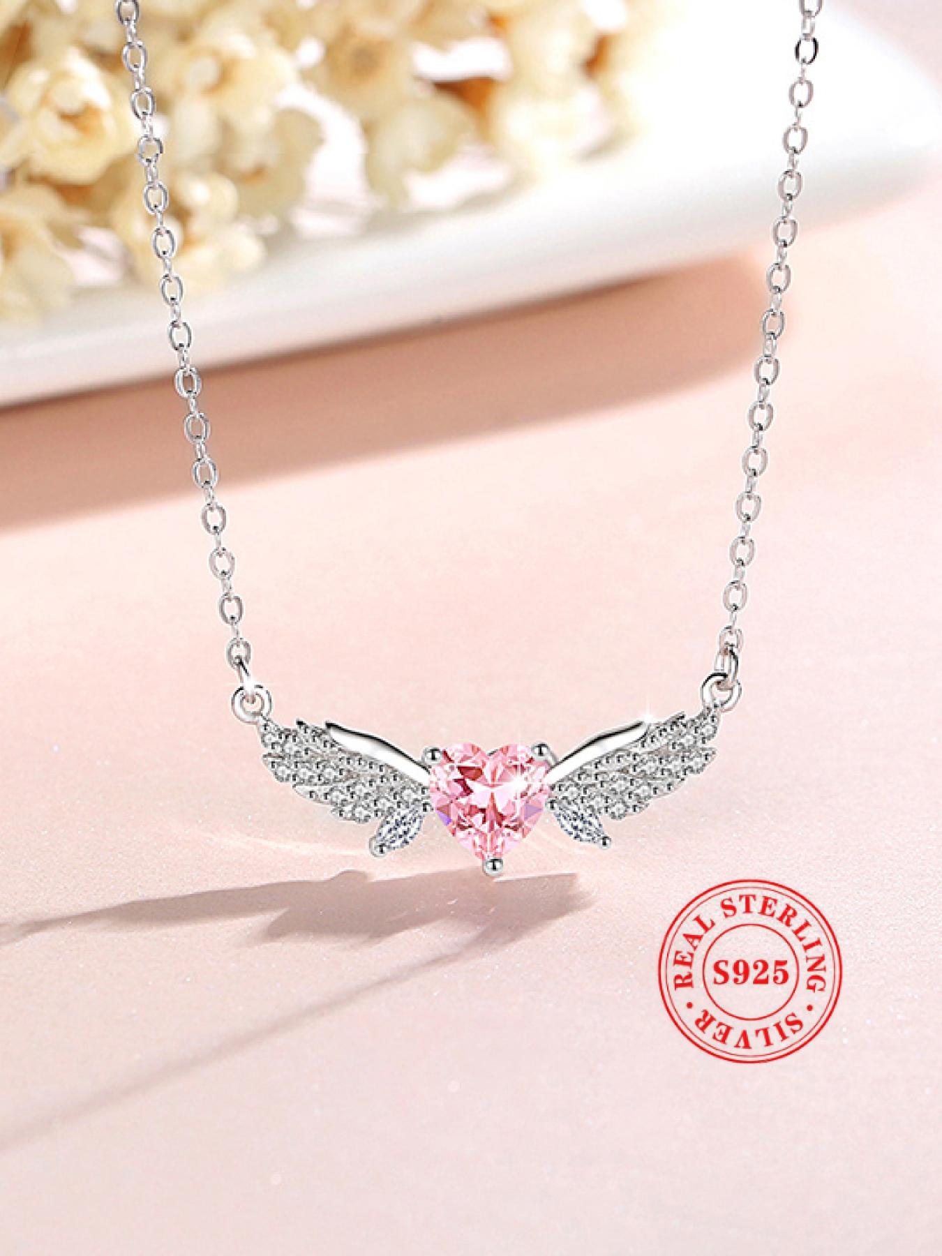 925 Sterling Silver Cute Heart & Wing Rhinestone Pendant Necklace, Adjustable Necklace for Women, Fashion Jewelry for Party, Daily Decor, Exquisite Jewelry for Gift
