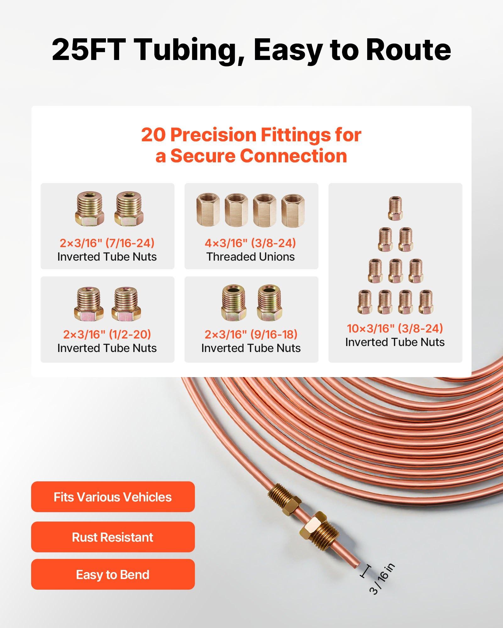 【Father's Day gift】VEVOR 3/16" Brake Line Repair Kit, 45 °   Double & Single Brake Line Flaring Tool Kit, 25FT Copper Coated Brake Line (with 16 Fittings & 4 Unions) - Tube Cutter, 5 Adapters and Toolbox Included