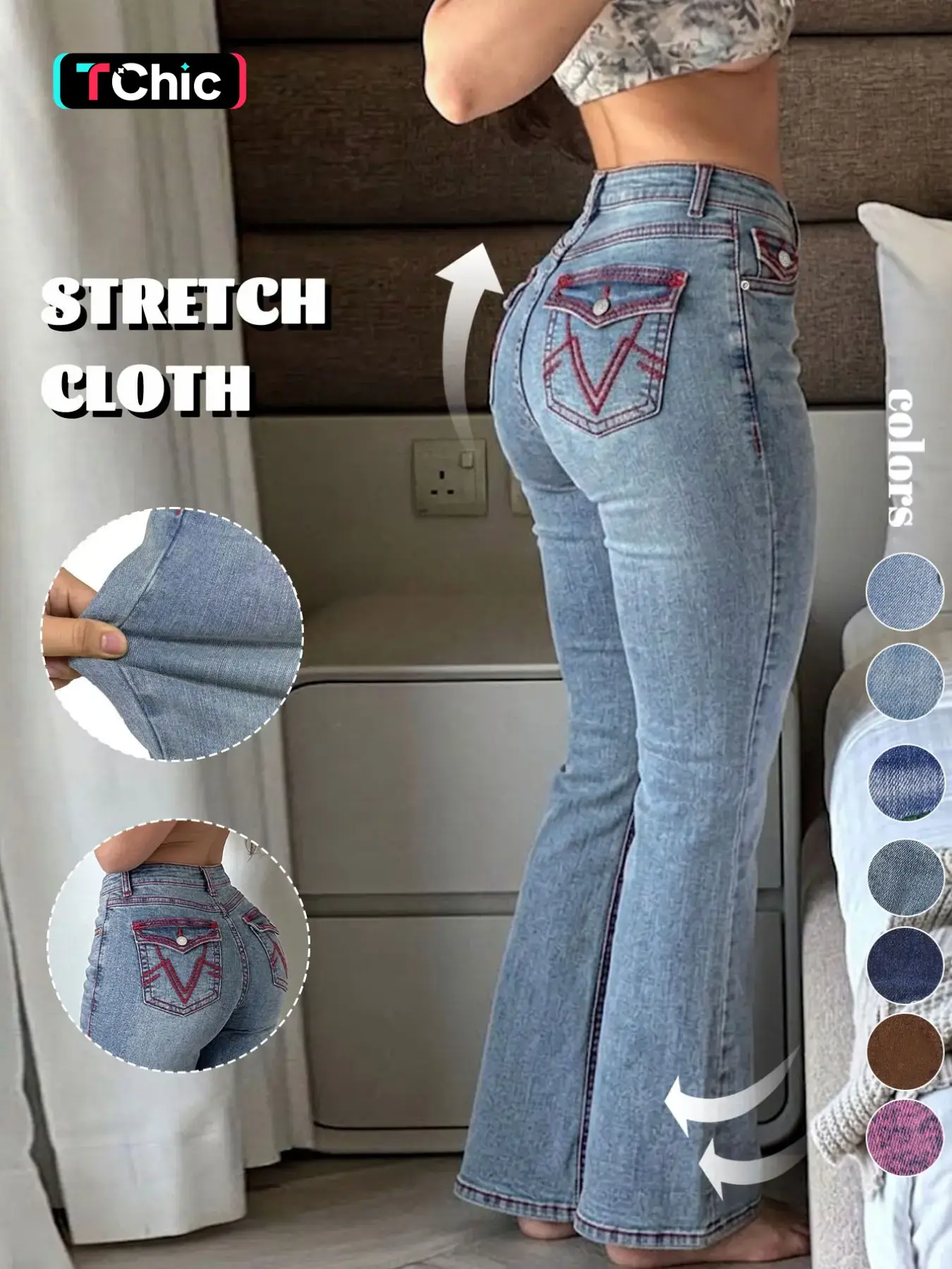 GILIPUR Women's Light Blue Washed Low Waist Butt Lifting Flare Jeans, High Stretch Contrast Red V-Stitching Back Pockets Bootcut Denim Pants, Y2K Vintage Streetwear Daily Casual Date Outfits for Women TChic