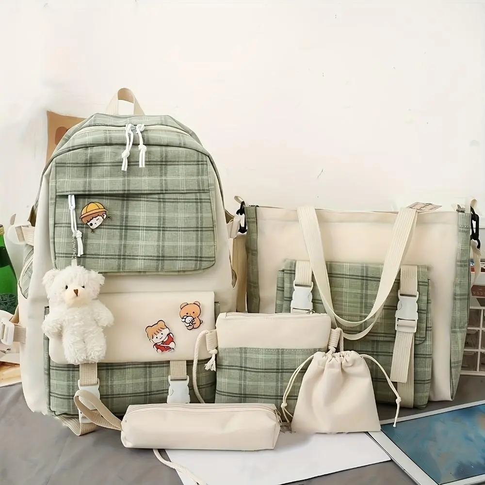 Women's 5-Piece Plaid Splice Backpack Set - Large Capacity Minimalist Campus Backpacks for School, Portable Crossbody Bag, Single Compartment Daily Carry Kit
