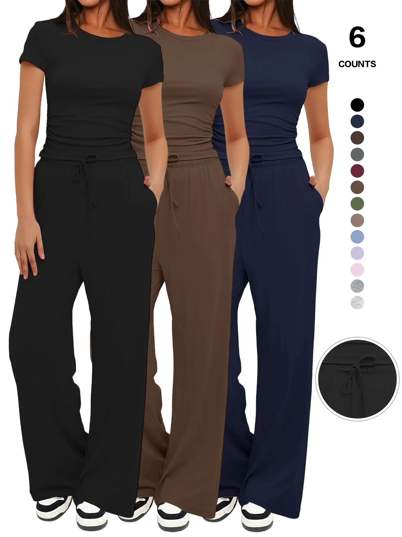 Trendy Summer Women Fashion Set | Solid Slim T-Shirt & Drawstring Adjustable Wide Leg Pants | Cozy Lounge Suit for Game Night & Travel