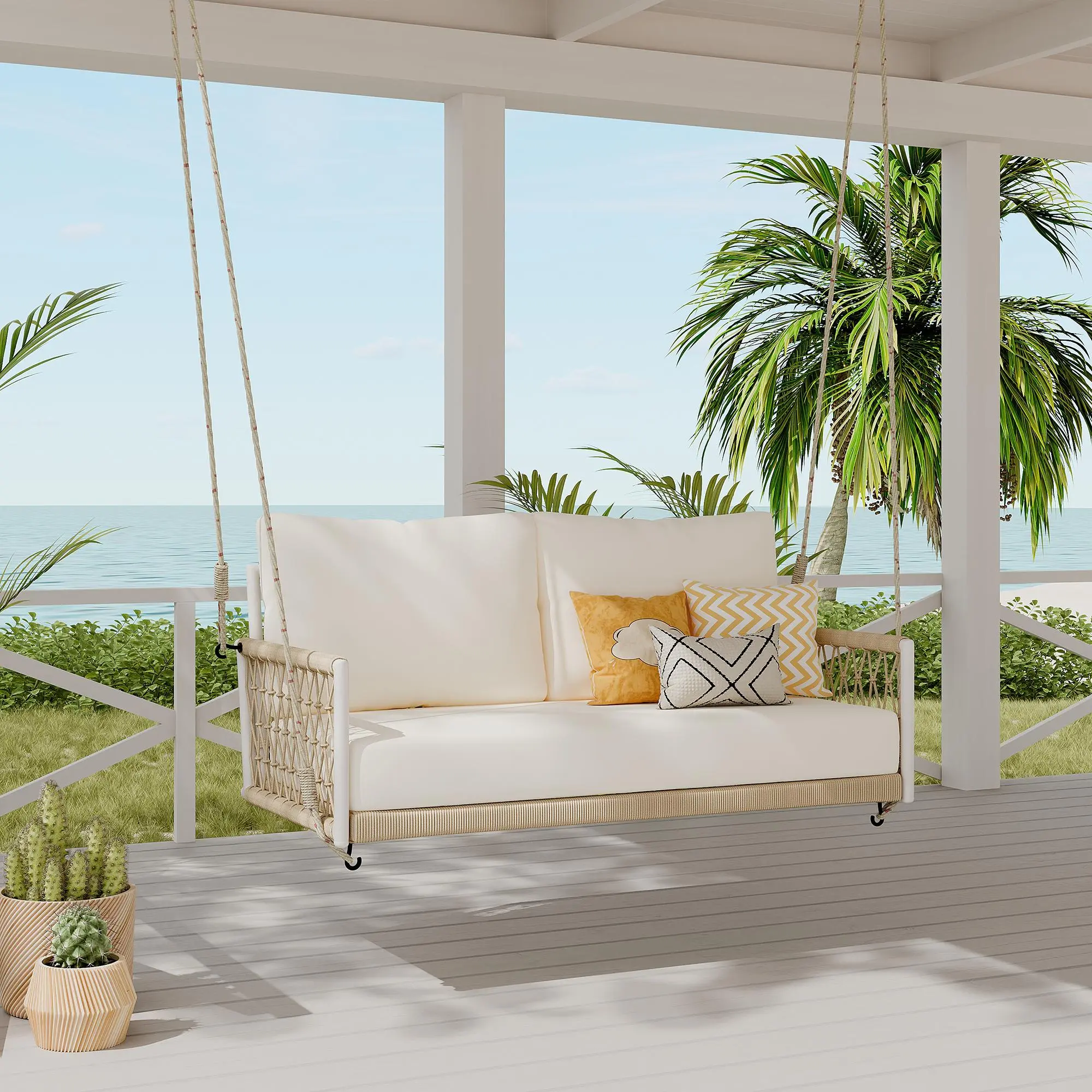 Woven Rope Outdoor Swing Sofa for 2 with Soft Cushions, Beige Patio Loveseat for Courtyard, Balcony, and Garden