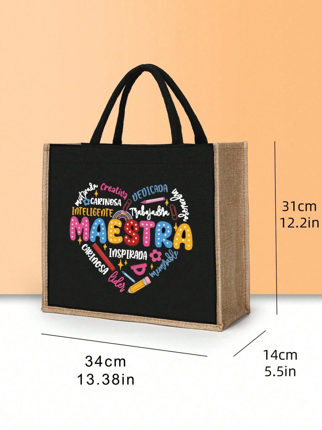 Maestra Theme Tote Bag and Makeup Pouch Set, Heart, Pencil, Ruler, Flower, Paperclip Patterns, Large Capacity Linen Shopping Bag, Skincare Organizer