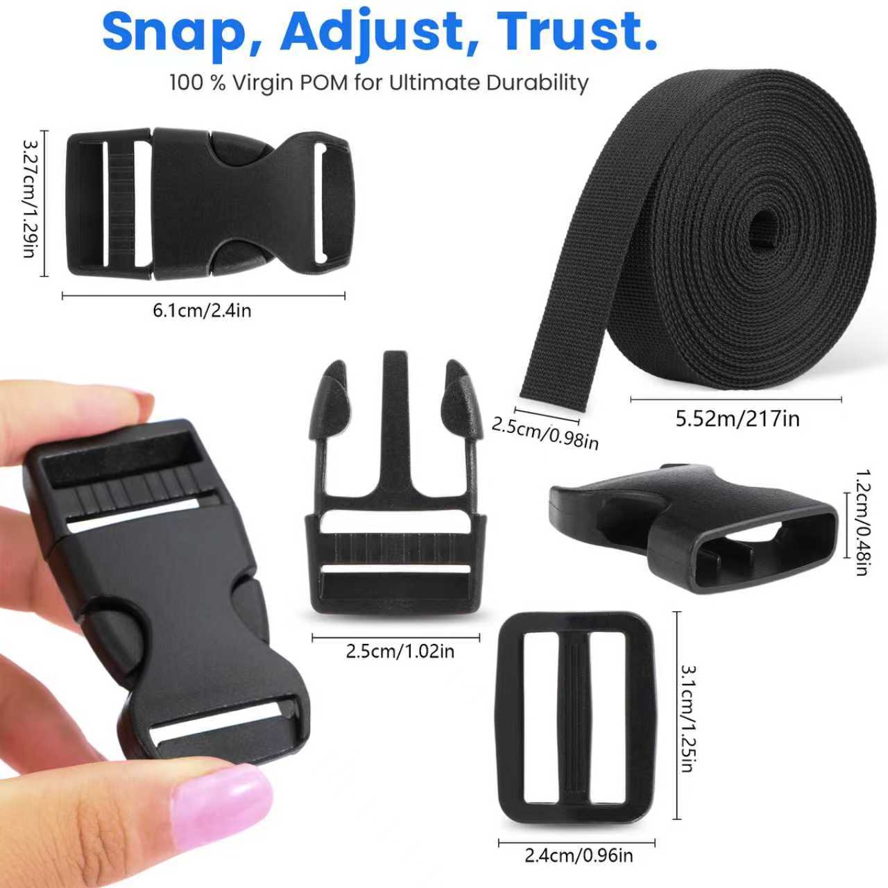 Adjustable Backpack Strap Set, Durable Polyester Webbing (exceeds Nylon), Includes 6 Quick-Release Buckles & 12 Sliding Clips, Shoulder Strap