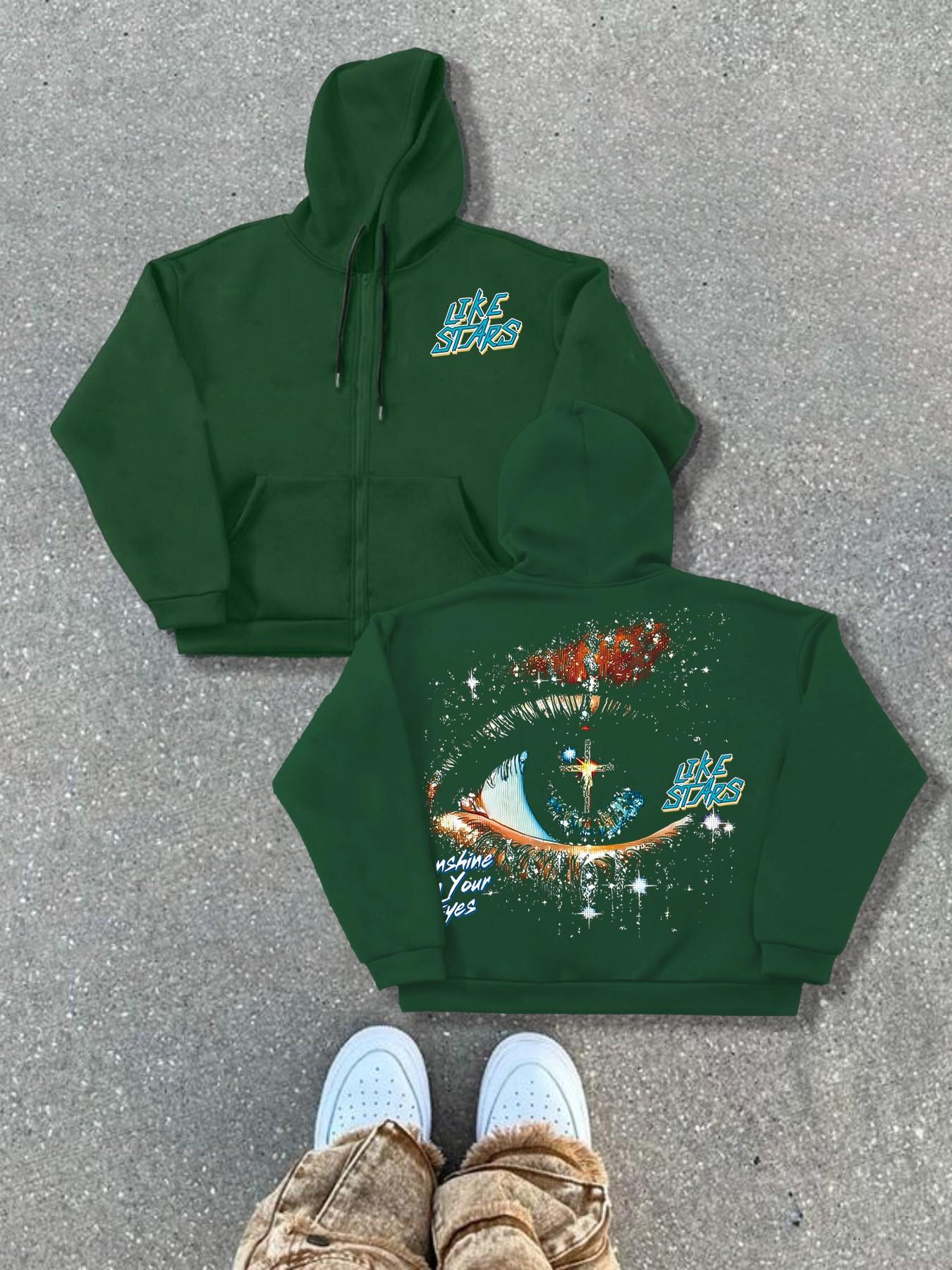 Autumn Winter Hooded Cardigan Sweatshirts Trendy Graphic Eye Letter Print Streetwear Street Style Fitted Knitwear, Thick Fabric, Perfect for Fall & Winter Seasons