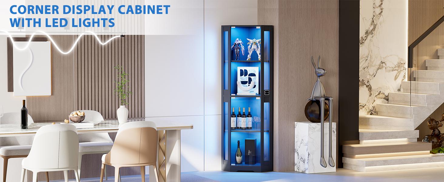 MIIFUNY 65" Corner Glass Display Cabinet with LED Lights, 4-Tier Showcase Display Case with Glass Doors & Human Body Sensor for Collectibles, Black MIIFUNY 65" Corner Glass Display Cabinet with LED Lights, 4-Tier Showcase Display Case with Glass Doors & Human Body Sensor for Collectibles, Black